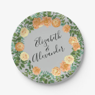 Assiettes En Carton Peach Grey Mariage Spring Floral