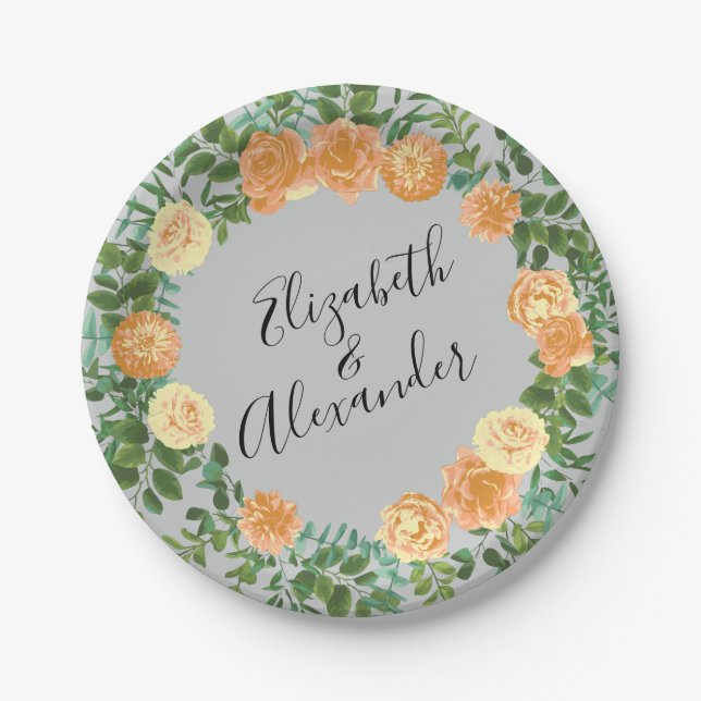 Assiettes En Carton Peach Grey Mariage Spring Floral (Devant)
