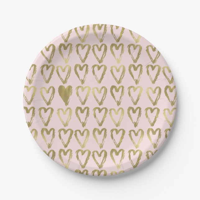 Assiettes En Carton Peach rose et Gold Hearts Mariage (Devant)