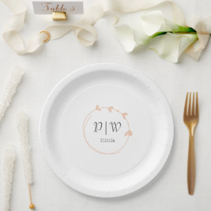 Assiettes En Carton Peach Simple Heart Wreath Monogram Mariage