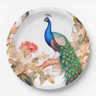 Assiettes En Carton Peacock and Flowers Paper Party Plates