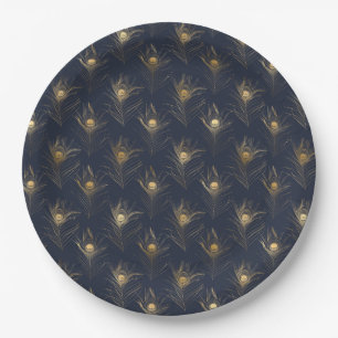 Assiettes En Carton Peacock Feathers Marine Blue Gold Imprimer Style
