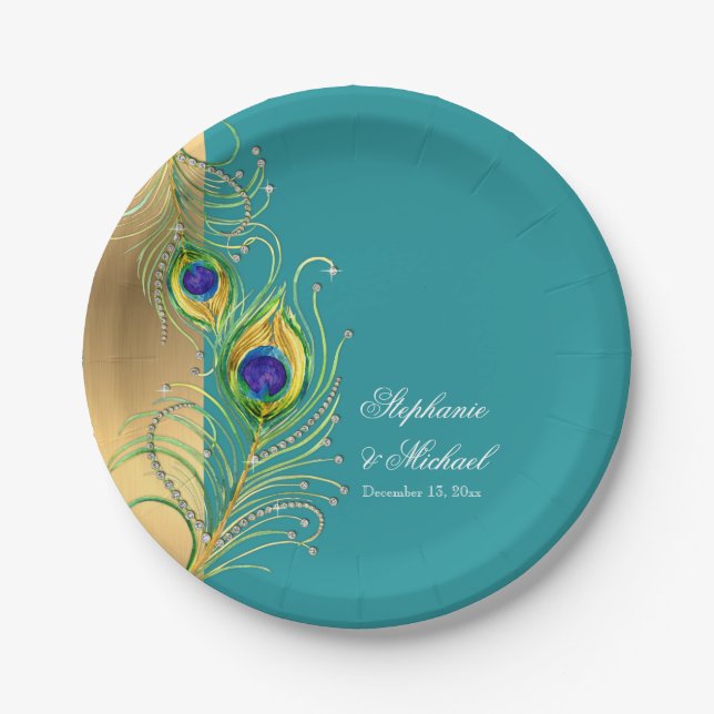 Assiettes En Carton Peacock moderne plumes Faux Jewel Scroll Mariage (Devant)