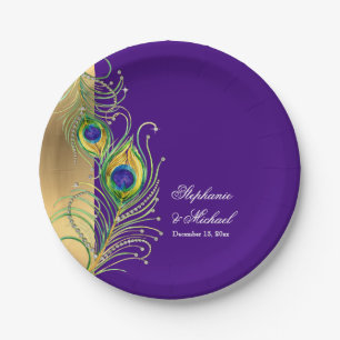 Assiettes En Carton Peacock moderne plumes Faux Jewel Scroll Mariage