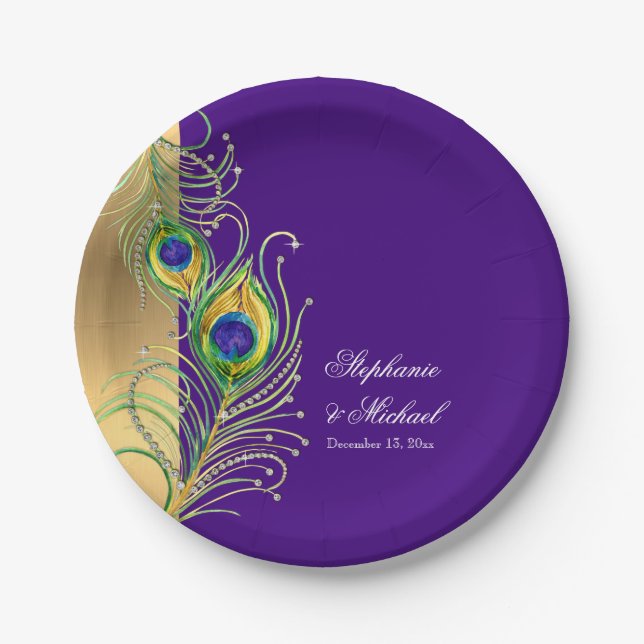 Assiettes En Carton Peacock moderne plumes Faux Jewel Scroll Mariage (Devant)