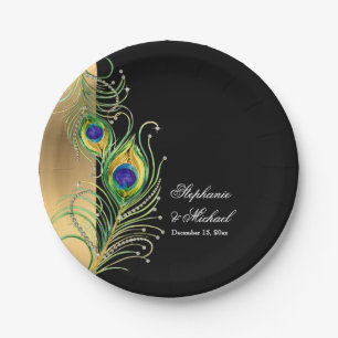 Assiettes En Carton Peacock moderne plumes Faux Jewel Scroll Mariage
