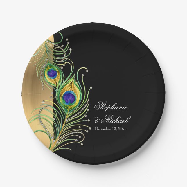 Assiettes En Carton Peacock moderne plumes Faux Jewel Scroll Mariage (Devant)