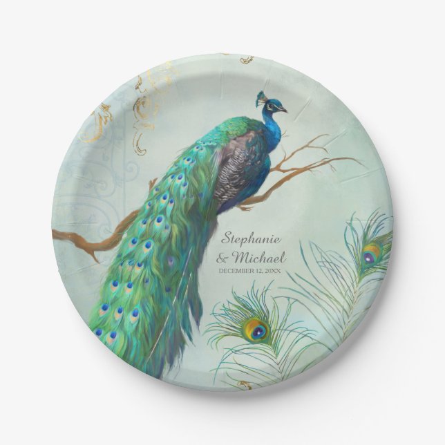 Assiettes En Carton Peacock sur la branche d'arbre Elégant look feuill (Devant)