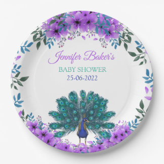 Assiettes En Carton Peacock vert et bleu | Fleurs d'aquarelle violette