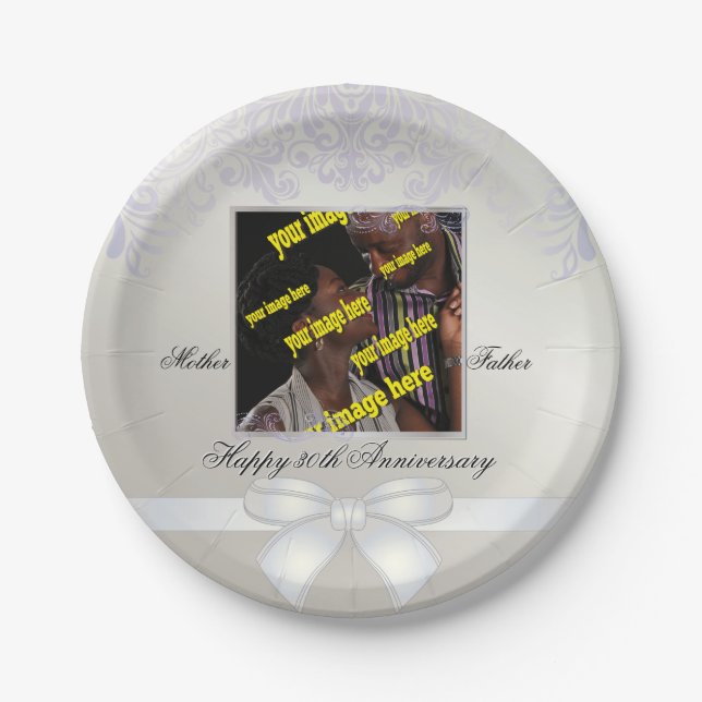 Assiettes En Carton Pearl Mariage Anniversaire 30e blanc jetable (Devant)
