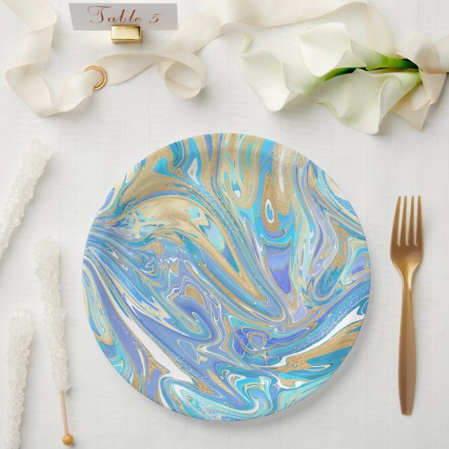 Assiettes En Carton Pearlescent Aqua & Gold en marbre liquide (Mariage)