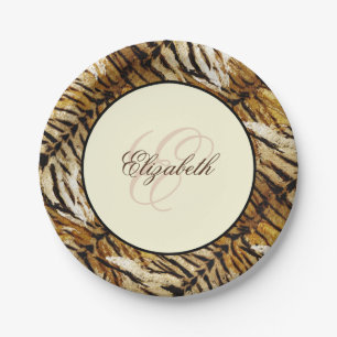 Assiettes En Carton Peau de tigre, monogramme, élégant, tigre, rayé