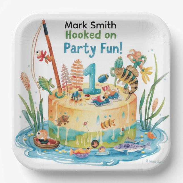 Assiettes En Carton Pêche 1er Anniversaire Fête avec Cake Design (Recto)