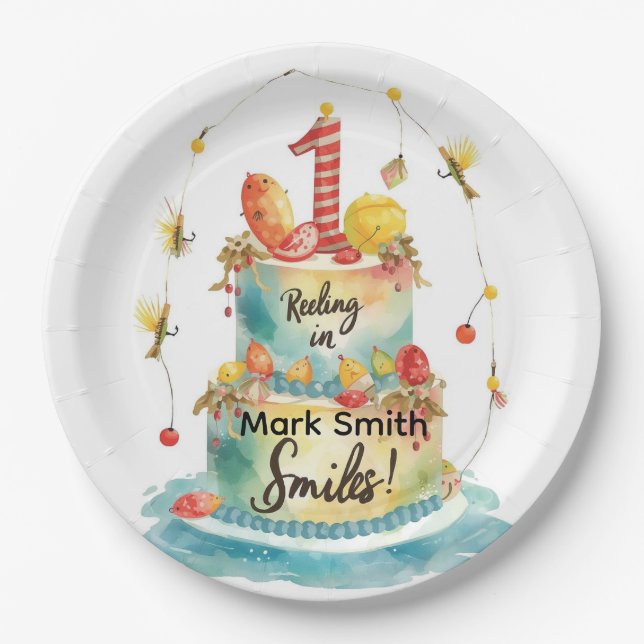 Assiettes En Carton Pêche 1er Anniversaire Fête avec Cake Design (Devant)