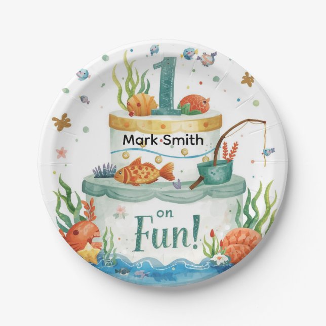 Assiettes En Carton Pêche 1er Anniversaire Fête avec Cake Design (Devant)