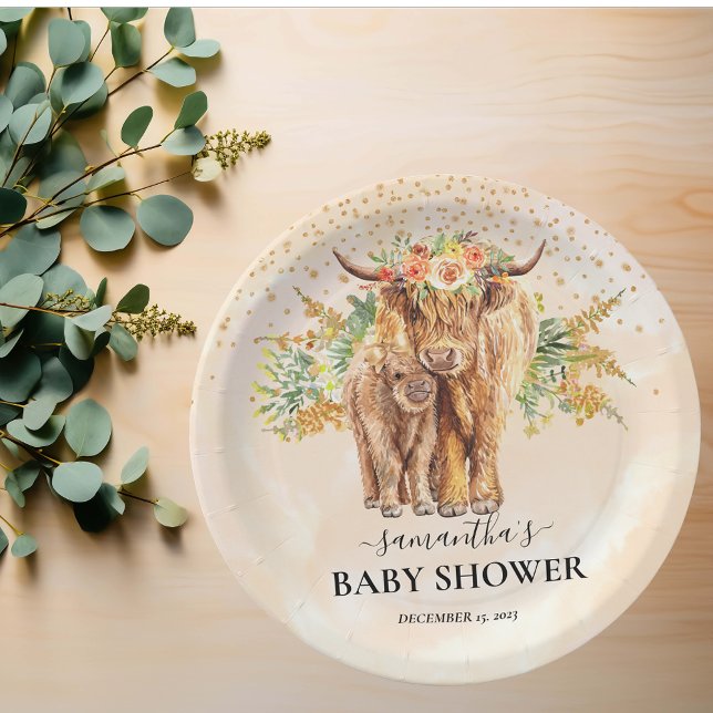 Assiettes En Carton Pêche Aquarelle Florale Highland Vache Vache Bébé (Créateur téléchargé)