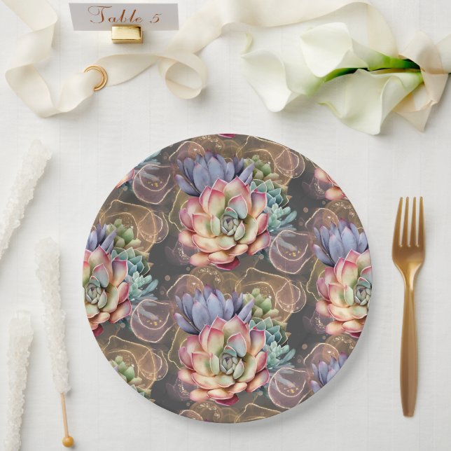 Assiettes En Carton Pêche et Grey Succulents (Mariage)