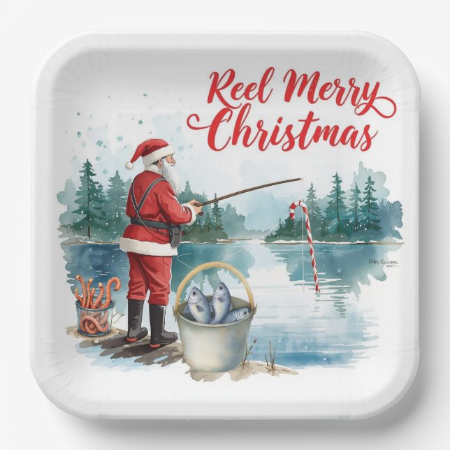 Assiettes En Carton Pêche Père Noël thème Noël (Recto)