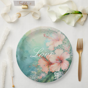 Assiettes En Carton Pêche tropicale Hibiscus blanc Mariage floral