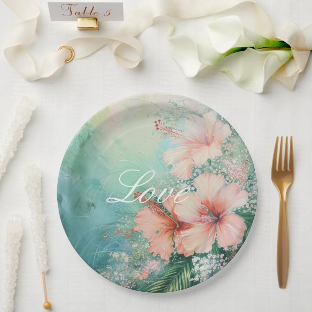 Assiettes En Carton Pêche tropicale Hibiscus blanc Mariage floral (Mariage)
