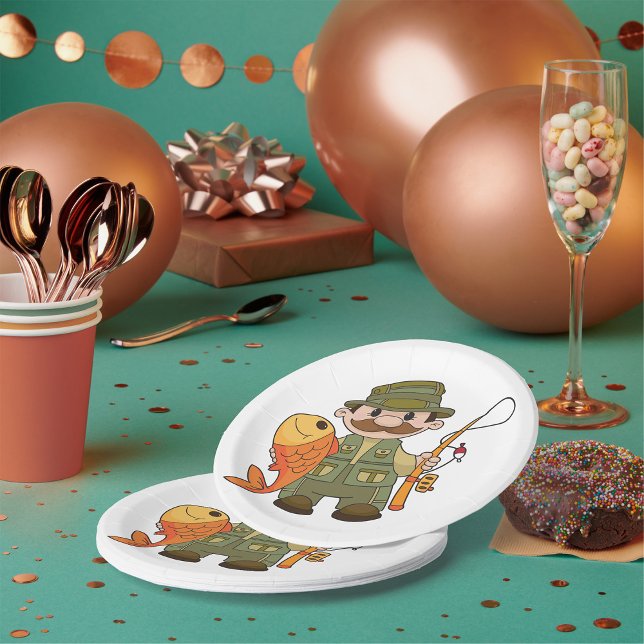 Assiettes En Carton Pêcheur de dessin animé avec Gros Catch Funny Fish (Créateur téléchargé)
