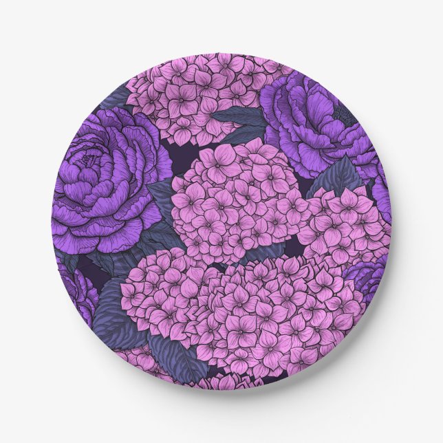 Assiettes En Carton Peine et hydrangée en rose et violet (Devant)