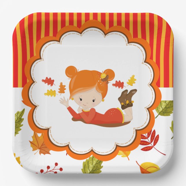 Assiettes En Carton Peint à la main Automne Adorable fille (Recto)