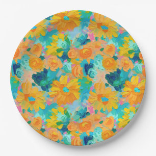 Assiettes En Carton Peint Floral Jaune Bleu Vert Rose Art Coloré