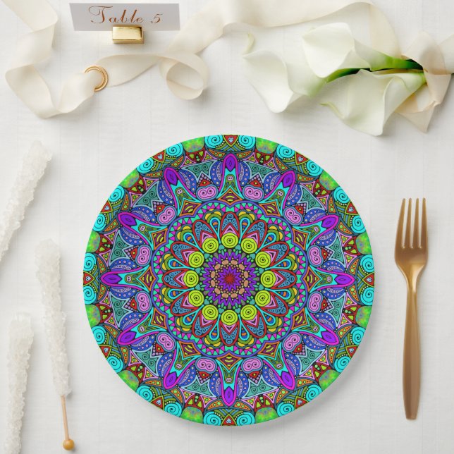 Assiettes En Carton Peinture à la main Mandala Horloge Face 4 (Mariage)