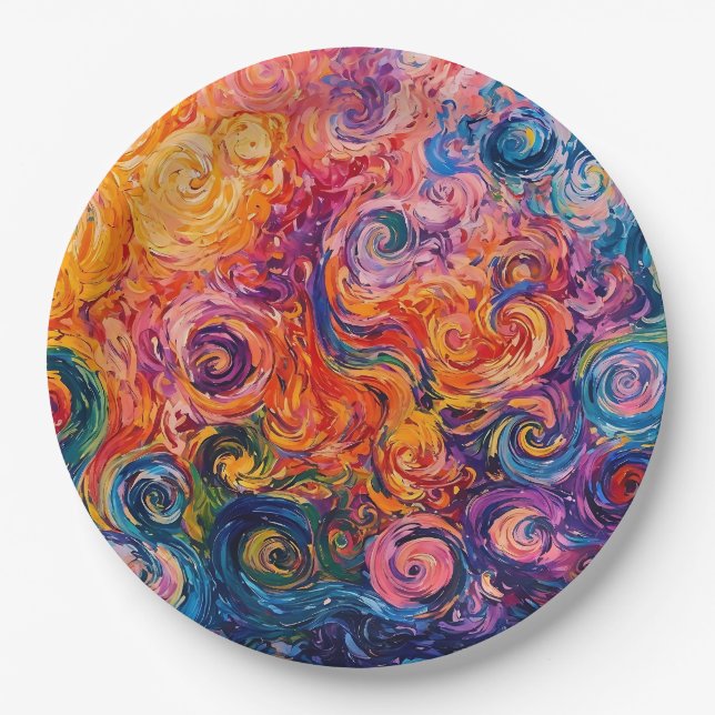 Assiettes En Carton Peinture à l'huile de tourbillons psychédélique (Devant)
