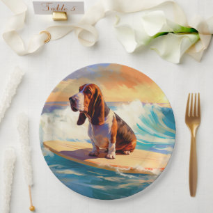 Assiettes En Carton Peinture de Basset Hound faisant du Surf sur la Pl