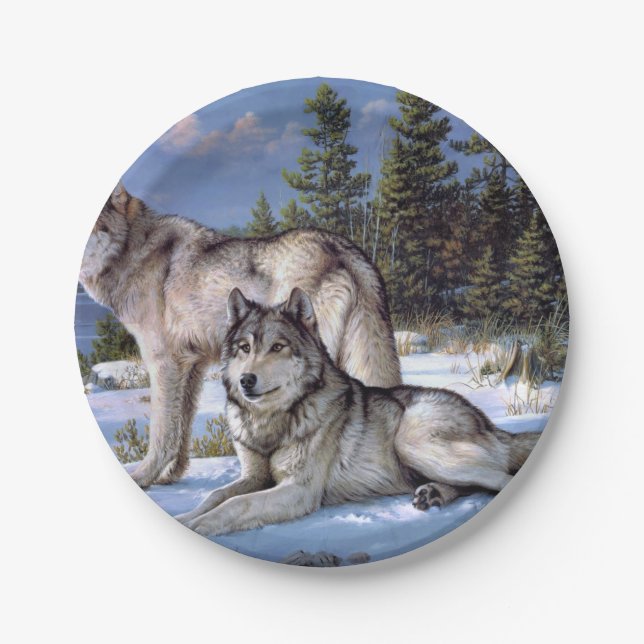 Assiettes En Carton Peinture de deux loups arctiques (Devant)
