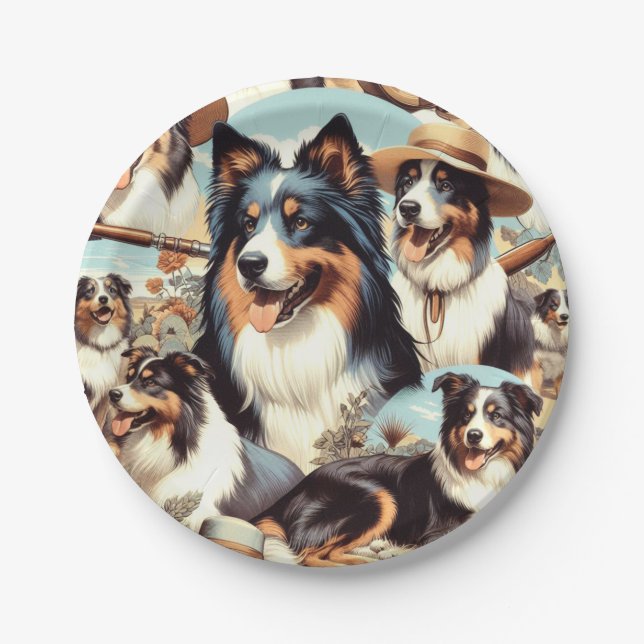 Assiettes En Carton Peinture rétro Australian Shepherd sans couture (Devant)