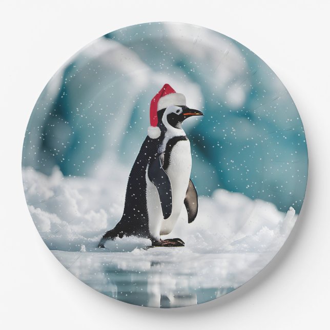Assiettes En Carton Penguin de Noël sur Iceberg (Devant)