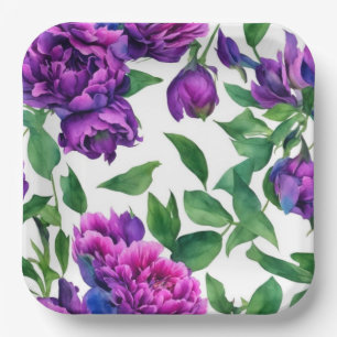 Assiettes En Carton Peonées d'aquarelle romantique violet magenta rose