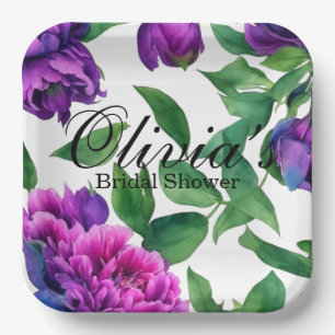 Assiettes En Carton Peonées d'aquarelle romantique violet magenta rose