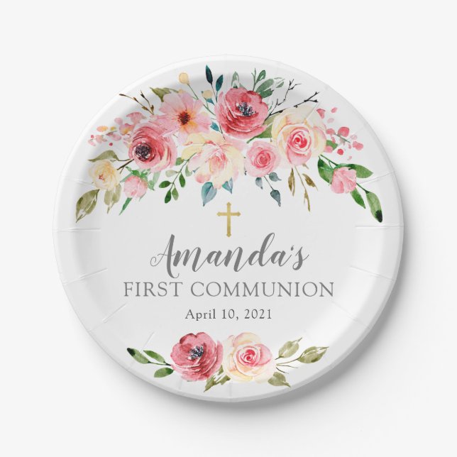 Assiettes En Carton Peonies Rose Floral Communion (Devant)