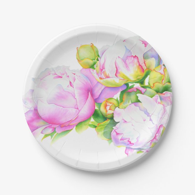 Assiettes En Carton Peonis, rose, blanc, aquarelle peinture florale (Devant)