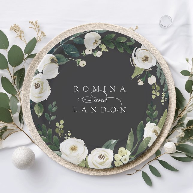 Assiettes En Carton Peony blanc | Mariage fleuri personnalisé (Créateur téléchargé)