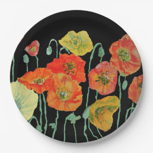 Assiettes En Carton Pépites de pavot à fleurs oranges noires
