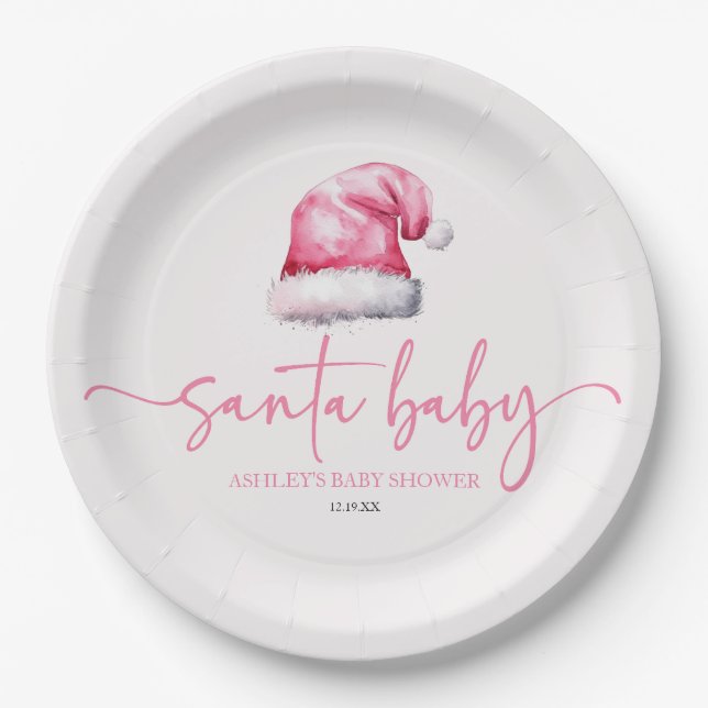 Assiettes En Carton Père Noël Baby rose Casquette Noël Baby shower de  (Devant)