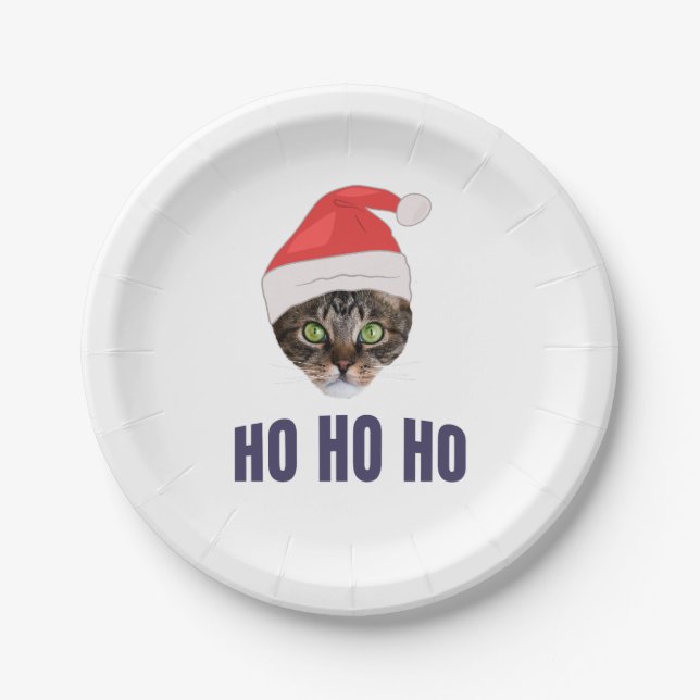 Assiettes En Carton Père Noël Chat avec Santa hat, Ho Ho ho Squa d'inv (Devant)