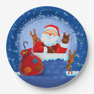 Assiettes En Carton Père Noël Chimney Reindeer Sack Ajouter Année Text