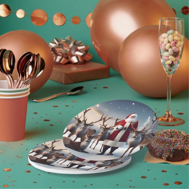 Assiettes En Carton Père Noël Posant Avec Ses Rennes, (Multi)