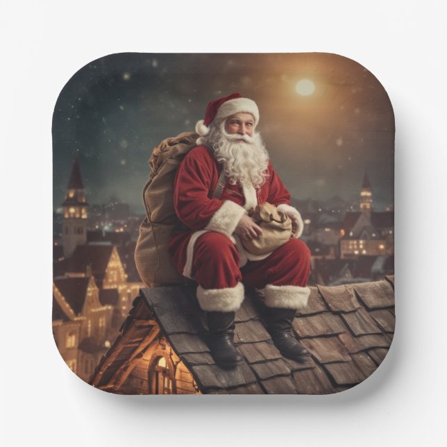 Assiettes En Carton Père Noël sur le toit (Recto)
