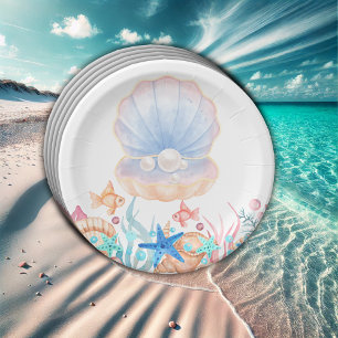 Assiettes En Carton Perle majestueuse sous le Baby shower marin