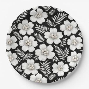 Assiettes En Carton Perles blanches à motif floral
