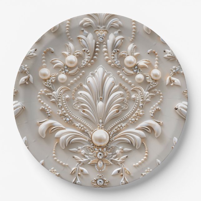 Assiettes En Carton Perles cristaux France Damas broderie Découpage (Devant)