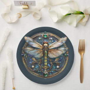 Assiettes En Carton Perles de libellules Art déco Emeralds Gold