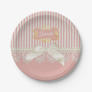 Assiettes En Carton Perles et arc et nom roses de crème de rayures de